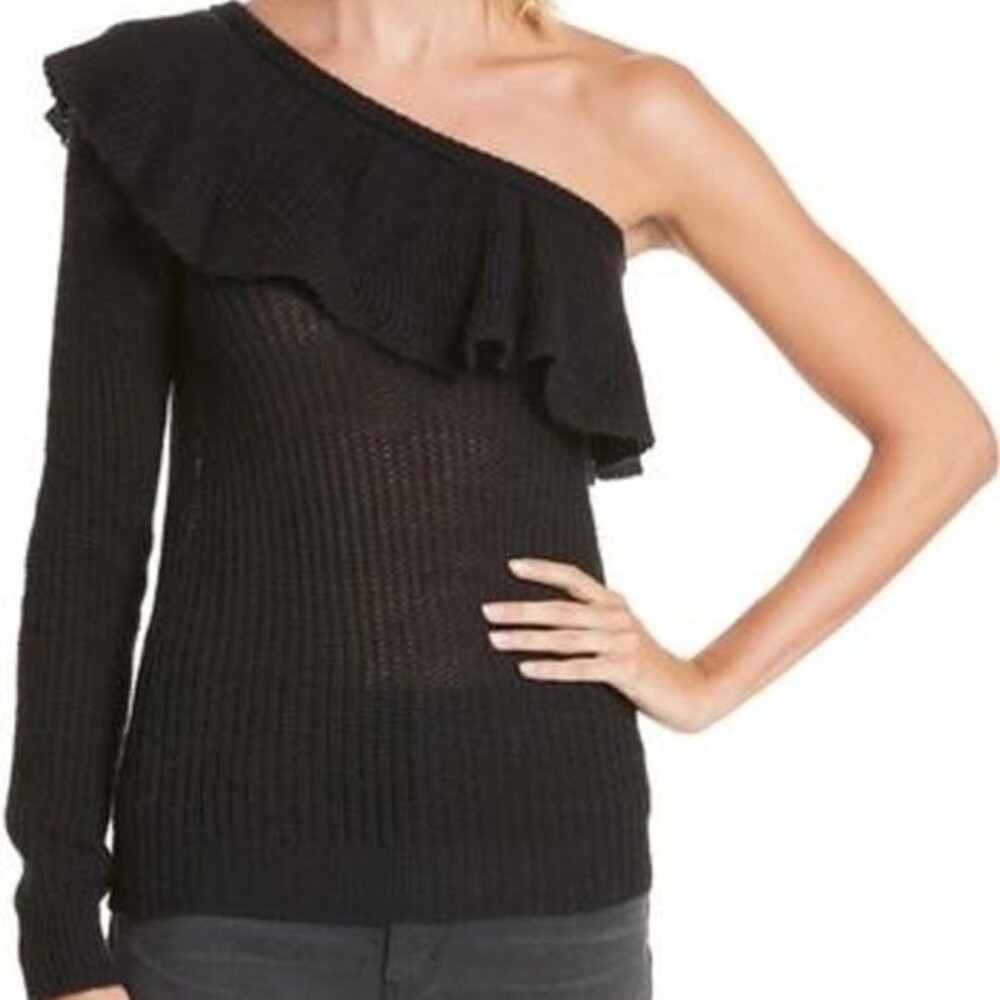 Rebecca Taylor Black Knit One Shoulder Ruffle Long Sleeve Alpaca Sweater XS
